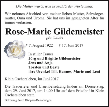 Traueranzeige von Rose-Marie Gildemeister (geb. Laube)  von Magdeburger Volksstimme