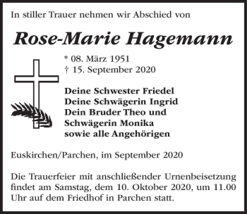 Traueranzeige von Rose-Marie Hagemann  von Magdeburger Volksstimme