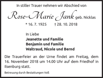 Traueranzeige von Rose-Marie Jank (geb. Nicklas)  von Magdeburger Volksstimme