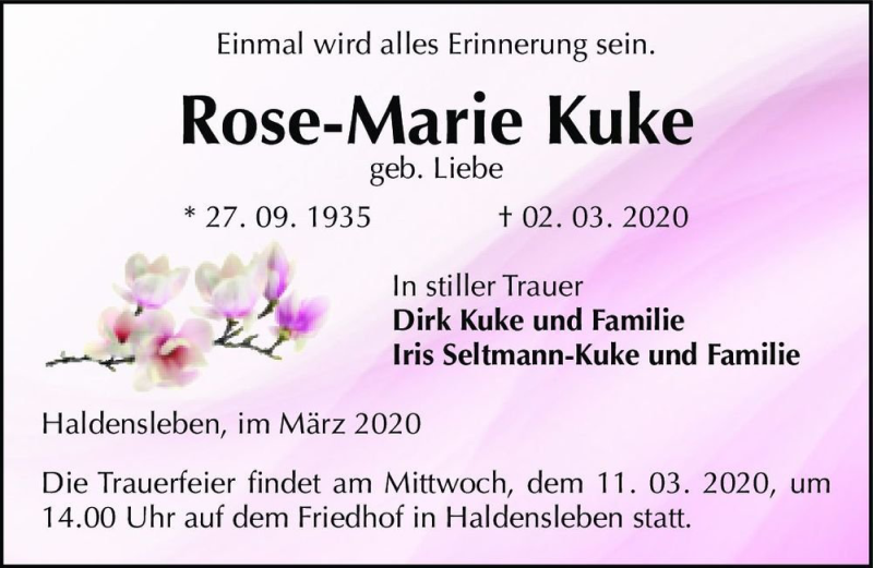  Traueranzeige für Rose-Marie Kuke (geb. Liebe)  vom 07.03.2020 aus Magdeburger Volksstimme