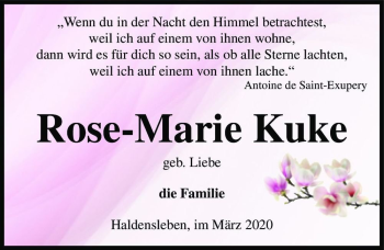Traueranzeige von Rose-Marie Kuke (geb. Liebe)  von Magdeburger Volksstimme