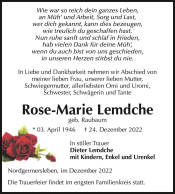 Traueranzeige von Rose-Marie Lemdche (geb. Raubaum)  von Magdeburger Volksstimme
