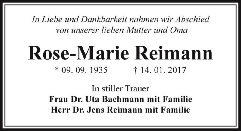  Traueranzeige für Rose-Marie Reimann  vom 04.02.2017 aus Magdeburger Volksstimme