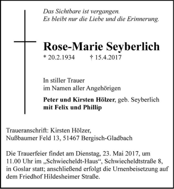 Traueranzeige von Rose-Marie Seyberlich  von Magdeburger Volksstimme