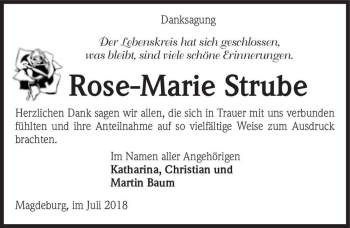 Traueranzeige von Rose-Marie Strube  von Magdeburger Volksstimme