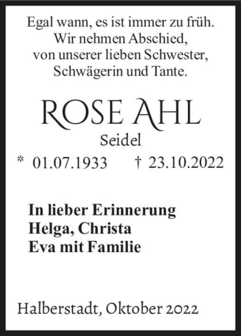Traueranzeige von Rose Ahl (geb. Seidel)  von Magdeburger Volksstimme