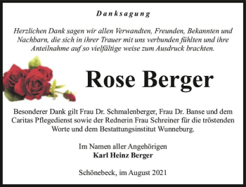 Traueranzeige von Rose Berger  von Magdeburger Volksstimme