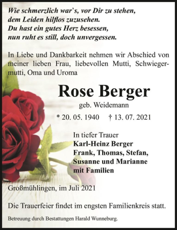 Traueranzeige von Rose Berger (geb. Weidemann)  von Magdeburger Volksstimme
