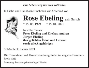 Traueranzeige von Rose Ebeling (geb. Gursch)  von Magdeburger Volksstimme