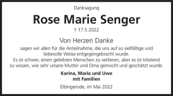 Traueranzeige von Rose Marie Senger  von Magdeburger Volksstimme