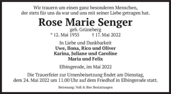 Traueranzeige von Rose Marie Senger (geb. Grüneberg)  von Magdeburger Volksstimme