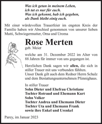 Traueranzeige von Rose Merten (geb. Meier)  von Magdeburger Volksstimme