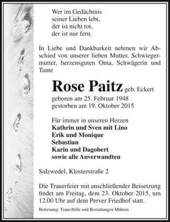 Traueranzeige von Rose Paitz (geb. Eckert)  von Magdeburger Volksstimme