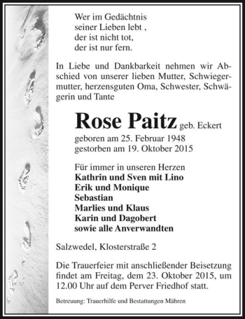 Traueranzeige von Rose Paitz (geb. Eckert)  von Magdeburger Volksstimme