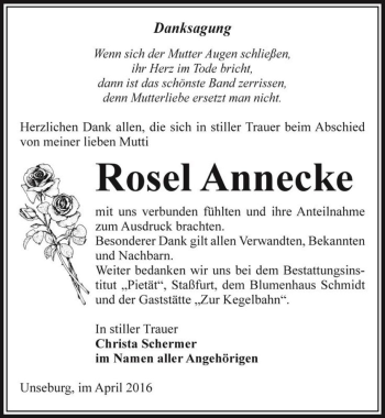Traueranzeige von Rosel Annecke  von Magdeburger Volksstimme