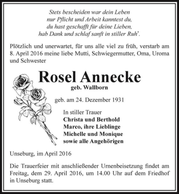 Traueranzeige von Rosel Annecke (geb. Wallborn)  von Magdeburger Volksstimme