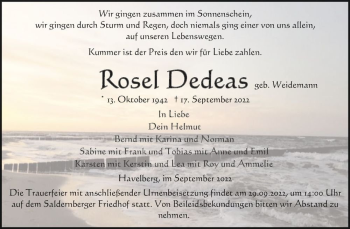 Traueranzeige von Rosel Dedeas (geb. Weidemann)  von Magdeburger Volksstimme
