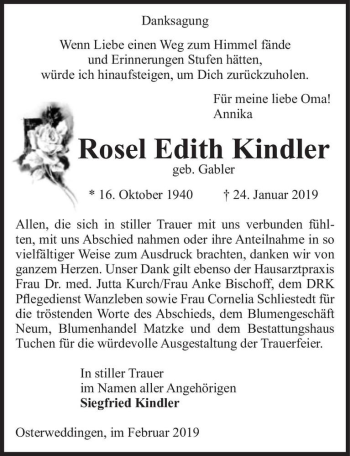 Traueranzeige von Rosel Edith Kindler (geb. Gabler)  von Magdeburger Volksstimme