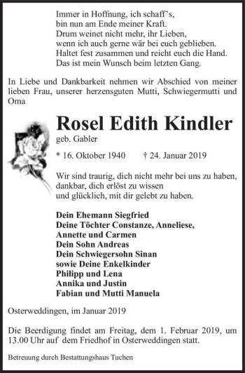 Traueranzeige von Rosel Edith Kindler (geb. Gabler)  von Magdeburger Volksstimme