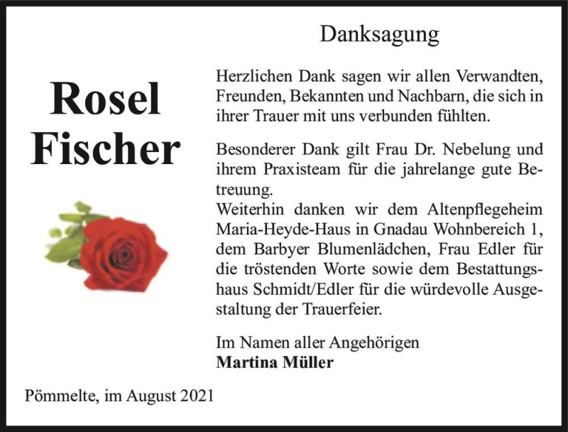  Traueranzeige für Rosel Fischer  vom 04.09.2021 aus Magdeburger Volksstimme