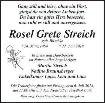 Traueranzeige von Rosel Grete Streich (geb. Blischke)  von Magdeburger Volksstimme
