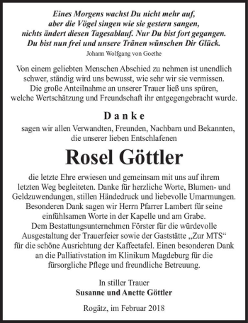 Traueranzeige von Rosel Göttler  von Magdeburger Volksstimme