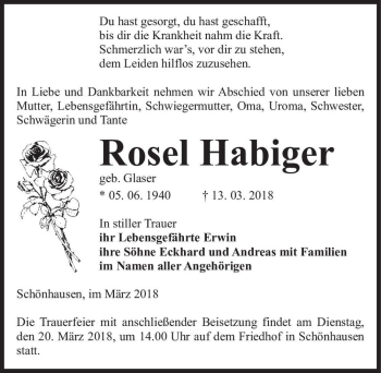 Traueranzeige von Rosel Habiger (geb. Glaser)  von Magdeburger Volksstimme