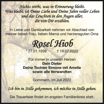 Traueranzeige von Rosel Hiob  von Magdeburger Volksstimme