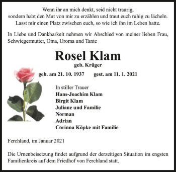 Traueranzeige von Rosel Klam (geb. Krüger)  von Magdeburger Volksstimme