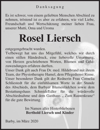 Traueranzeige von Rosel Liersch  von Magdeburger Volksstimme