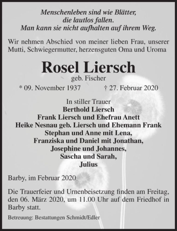 Traueranzeige von Rosel Liersch (geb. Fischer)  von Magdeburger Volksstimme