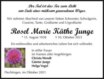 Traueranzeige von Rosel Marie Käthe Junge  von Magdeburger Volksstimme
