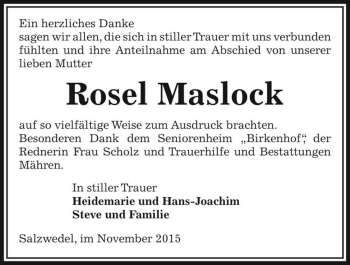 Traueranzeige von Rosel Maslock  von Magdeburger Volksstimme