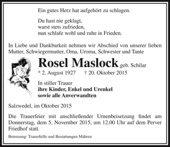 Traueranzeige von Rosel Maslock (geb. Schilar)  von Magdeburger Volksstimme