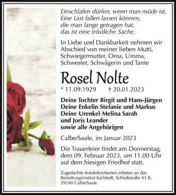 Traueranzeige von Rosel Nolte  von Magdeburger Volksstimme