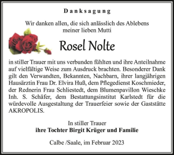 Traueranzeige von Rosel Nolte  von Magdeburger Volksstimme