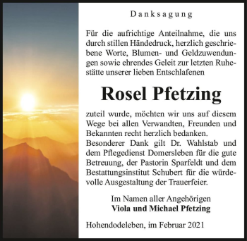 Traueranzeige von Rosel Pfetzing  von Magdeburger Volksstimme