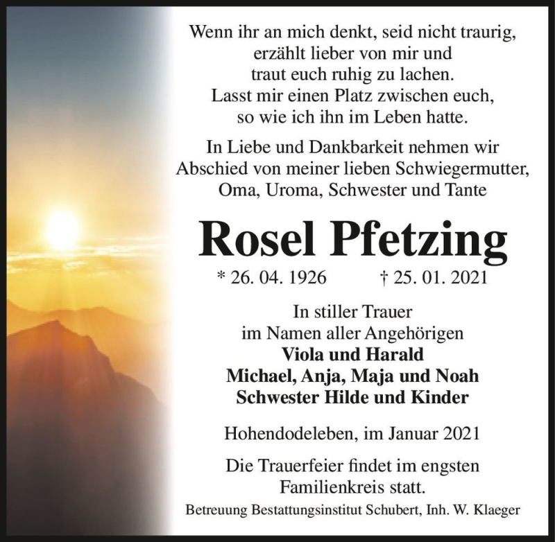  Traueranzeige für Rosel Pfetzing  vom 30.01.2021 aus Magdeburger Volksstimme