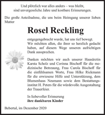 Traueranzeige von Rosel Reckling  von Magdeburger Volksstimme
