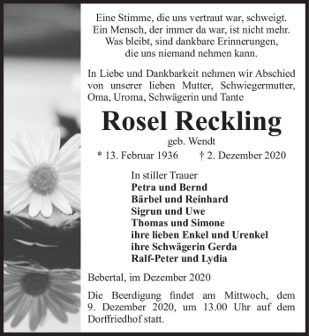 Traueranzeige von Rosel Reckling (geb. Wendt)  von Magdeburger Volksstimme