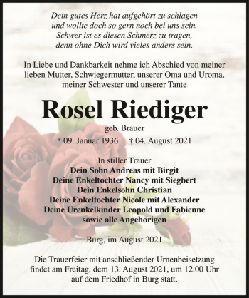 Traueranzeige von Rosel Riediger (geb. Brauer)  von Magdeburger Volksstimme