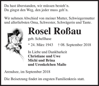 Traueranzeige von Rosel Roßau (geb. Schellhase)  von Magdeburger Volksstimme