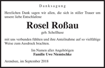 Traueranzeige von Rosel Roßau (geb. Schellhase)  von Magdeburger Volksstimme