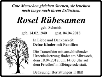 Traueranzeige von Rosel Rübesamen (geb. Schmidt)  von Magdeburger Volksstimme