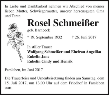 Traueranzeige von Rosel Schmeißer (geb. Barnbeck)  von Magdeburger Volksstimme
