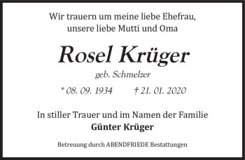 Traueranzeige von Rosel Schmidt (geb. Schmelzer)  von Magdeburger Volksstimme