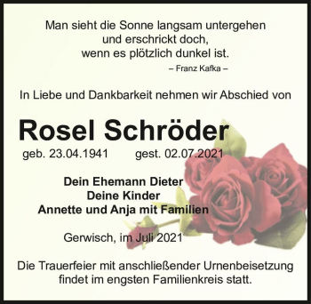 Traueranzeige von Rosel Schröder  von Magdeburger Volksstimme