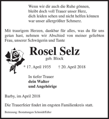 Traueranzeige von Rosel Selz (geb. Block)  von Magdeburger Volksstimme