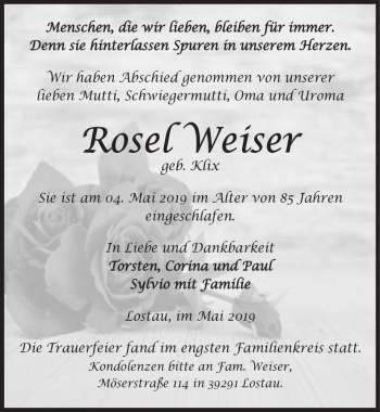 Traueranzeige von Rosel Weiser (geb. Klix)  von Magdeburger Volksstimme