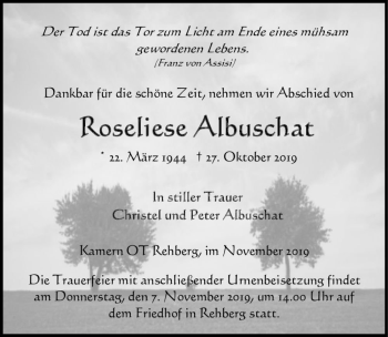 Traueranzeige von Roseliese Albuschat  von Magdeburger Volksstimme
